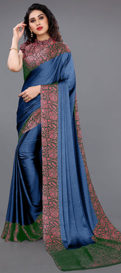 Blue color Saree in Chiffon fabric with Floral, Printed work