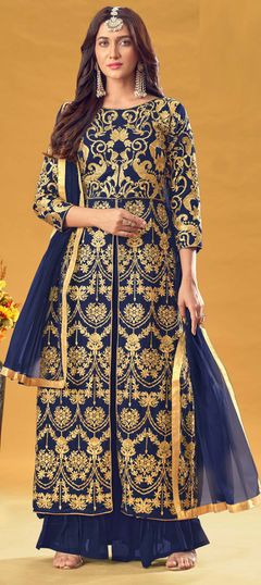 Blue color Salwar Kameez in Georgette fabric with Embroidered, Stone, Thread, Zari work