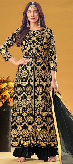 Black and Grey color Salwar Kameez in Georgette fabric with Embroidered, Stone, Thread, Zari work