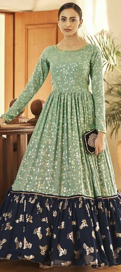 Green color Gown in Georgette fabric with Foil Print work