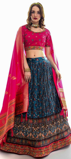 Festive, Reception Blue color Lehenga in Satin Silk fabric with A Line Embroidered, Printed, Thread work : 1808058