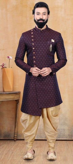 Red and Maroon color IndoWestern Dress in Jacquard fabric with Broches work