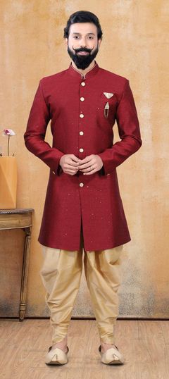 Red and Maroon color IndoWestern Dress in Jacquard fabric with Broches work