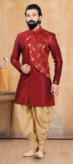 Red and Maroon color IndoWestern Dress in Jacquard fabric with Broches work