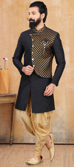 Black and Grey color IndoWestern Dress in Jacquard fabric with Broches work
