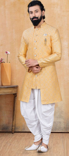 Yellow color IndoWestern Dress in Jacquard fabric with Broches work
