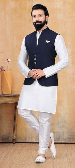 White and Off White color Kurta Pyjama with Jacket in Art Silk fabric with Thread work