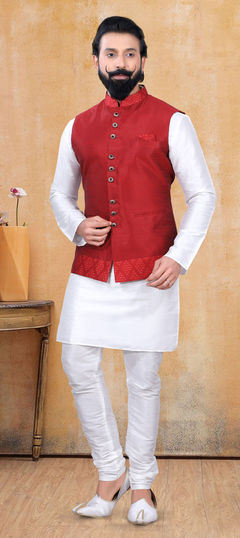 White and Off White color Kurta Pyjama with Jacket in Art Silk fabric with Thread work