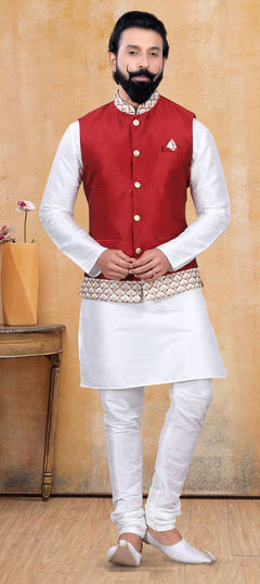 White and Off White color Kurta Pyjama with Jacket in Art Silk fabric with Thread work