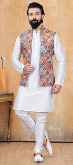 White and Off White color Kurta Pyjama with Jacket in Art Silk fabric with Printed work