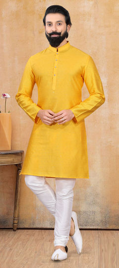 Yellow color Kurta Pyjamas in Jacquard fabric with Sequence, Thread work