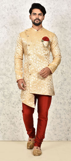 Beige and Brown color IndoWestern Dress in Jamawar fabric with Thread work