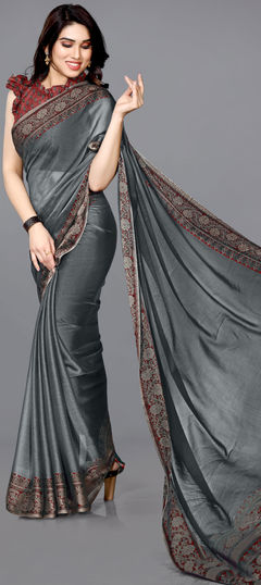 Black and Grey color Saree in Chiffon fabric with Printed work