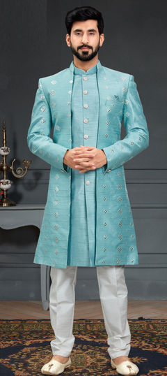 Blue color IndoWestern Dress in Imported fabric with Embroidered, Resham, Thread work