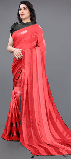 Red and Maroon color Saree in Georgette fabric with Stone work