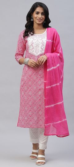 Pink and Majenta color Salwar Kameez in Cotton fabric with Bandhej, Embroidered, Printed work