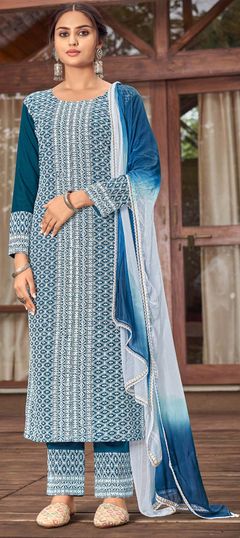 Blue color Salwar Kameez in Rayon fabric with Resham, Sequence, Thread work