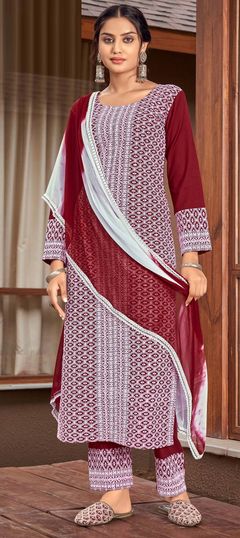 Red and Maroon color Salwar Kameez in Rayon fabric with Resham, Sequence, Thread work