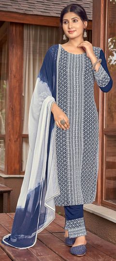 Blue color Salwar Kameez in Rayon fabric with Resham, Sequence, Thread work