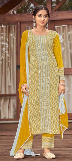 Yellow color Salwar Kameez in Rayon fabric with Resham, Sequence, Thread work