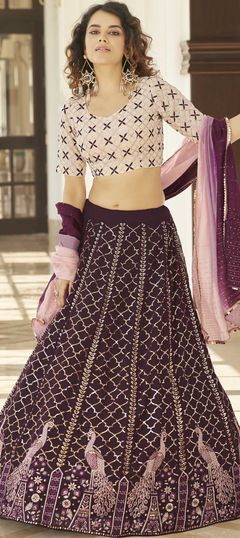 Purple and Violet, White and Off White color Lehenga in Georgette fabric with Embroidered, Sequence, Thread work