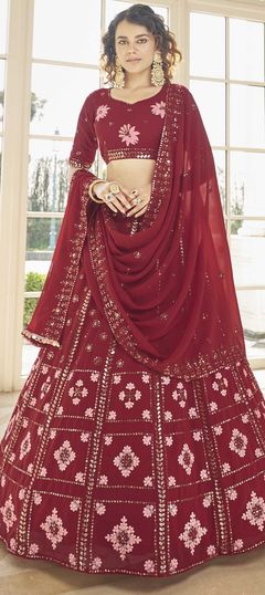 Red and Maroon color Lehenga in Georgette fabric with Embroidered, Sequence, Thread work