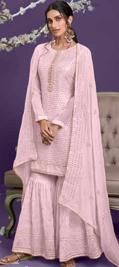 Engagement, Reception Pink and Majenta color Salwar Kameez in Georgette fabric with Sharara Embroidered, Sequence, Thread work : 1809351