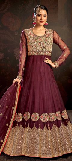 Mehendi Sangeet, Reception Red and Maroon color Salwar Kameez in Net fabric with Anarkali Embroidered, Resham, Sequence, Thread, Zari work : 1809370