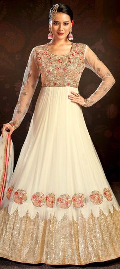 Mehendi Sangeet, Reception White and Off White color Salwar Kameez in Net fabric with Anarkali Embroidered, Resham, Sequence, Thread, Zari work : 1809374