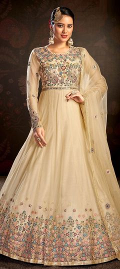 Mehendi Sangeet, Reception Beige and Brown color Salwar Kameez in Net fabric with Anarkali Embroidered, Resham, Sequence, Thread, Zari work : 1809377