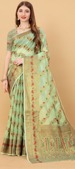 Traditional Green color Saree in Art Silk, Silk fabric with Bengali, South Weaving work : 1809401