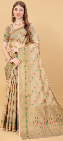 Traditional Beige and Brown color Saree in Art Silk, Silk fabric with Bengali, South Weaving work : 1809407