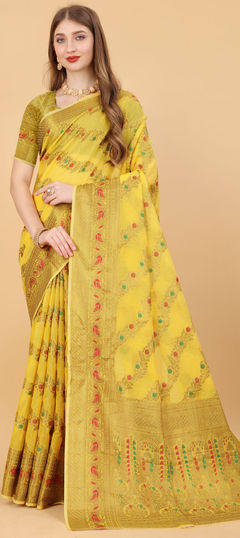 Traditional Yellow color Saree in Art Silk, Silk fabric with Bengali, South Weaving work : 1809411