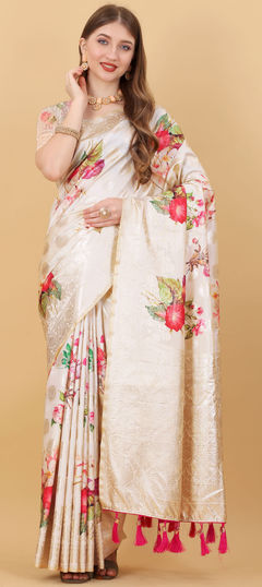 Beige and Brown color Saree in Art Silk, Silk fabric with Floral, Printed, Weaving work