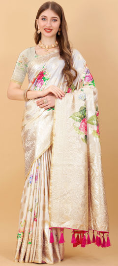 Beige and Brown color Saree in Art Silk, Silk fabric with Floral, Printed, Weaving work