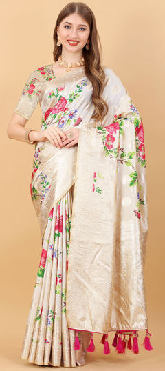 Beige and Brown color Saree in Art Silk, Silk fabric with Floral, Printed, Weaving work