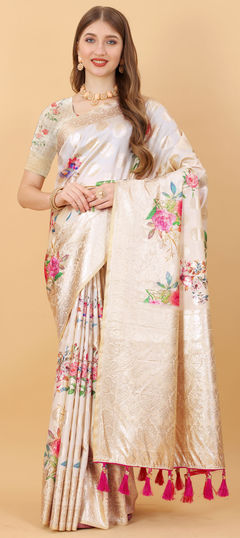 Beige and Brown color Saree in Art Silk, Silk fabric with Floral, Printed, Weaving work