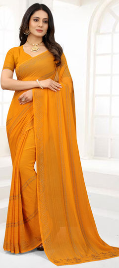 Yellow color Saree in Chiffon fabric with Stone, Swarovski work