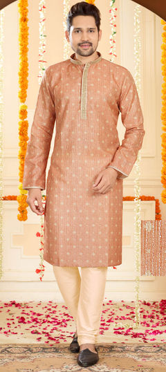 Beige and Brown color Kurta Pyjamas in Poly Silk fabric with Digital Print, Sequence work