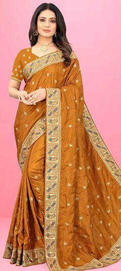 Yellow color Saree in Art Silk, Silk fabric with Embroidered, Thread work