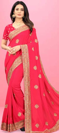 Pink and Majenta color Saree in Art Silk, Silk fabric with Embroidered, Thread work