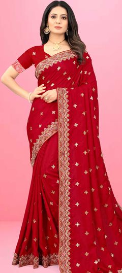 Red and Maroon color Saree in Art Silk, Silk fabric with Embroidered, Thread work