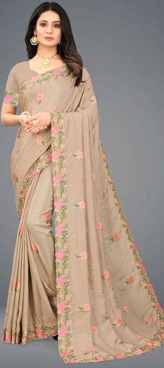 Beige and Brown color Saree in Art Silk, Silk fabric with Embroidered, Thread work