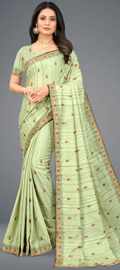 Green color Saree in Art Silk, Silk fabric with Embroidered, Thread work