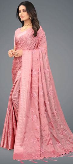 Pink and Majenta color Saree in Chiffon fabric with Embroidered, Thread work