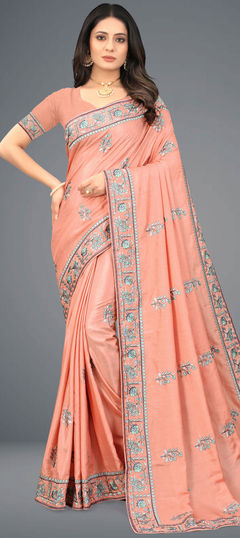 Orange color Saree in Art Silk, Silk fabric with Embroidered, Thread work