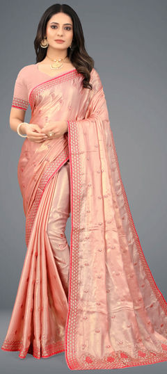 Pink and Majenta color Saree in Satin Silk, Silk fabric with Embroidered, Thread work