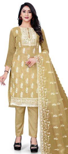 Beige and Brown color Salwar Kameez in Organza Silk fabric with Embroidered, Thread work