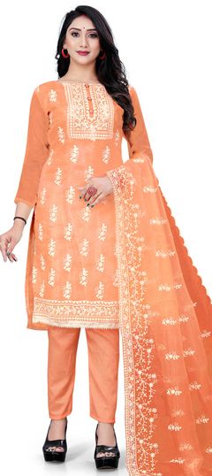 Pink and Majenta color Salwar Kameez in Organza Silk fabric with Embroidered, Thread work