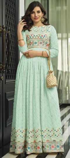 Green color Gown in Georgette fabric with Embroidered, Resham, Sequence, Thread work